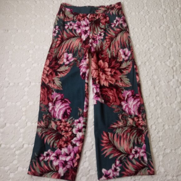 Soft Surroundings Wide Leg Pants Tropical Floral Pink Blue Rayon Medium Women M - Picture 1 of 7